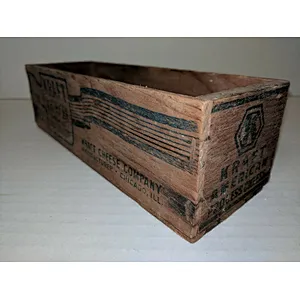 Vintige Cheese Wooden Box Crate With Blue Graphics For Sale