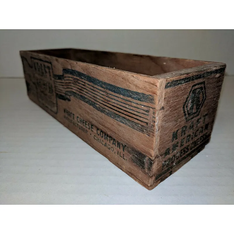 Vintige Cheese Wooden Box Crate With Blue Graphics For Sale