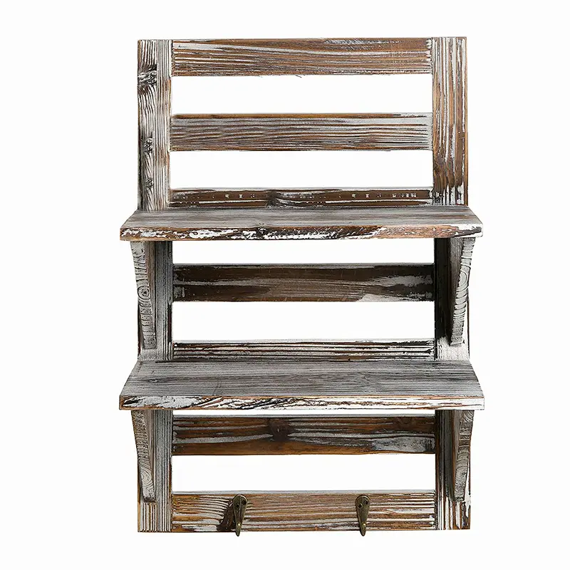Home Decor-Rustic Shelves, Wood Wall Mounted Organizer Shelves 2 Hooks, 2-Tier Storage Rack, Brown