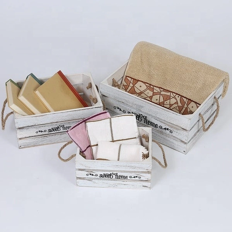 Rustic Decorative-Wooden box- Set of 3 Wood Crates w/ Rope Handles