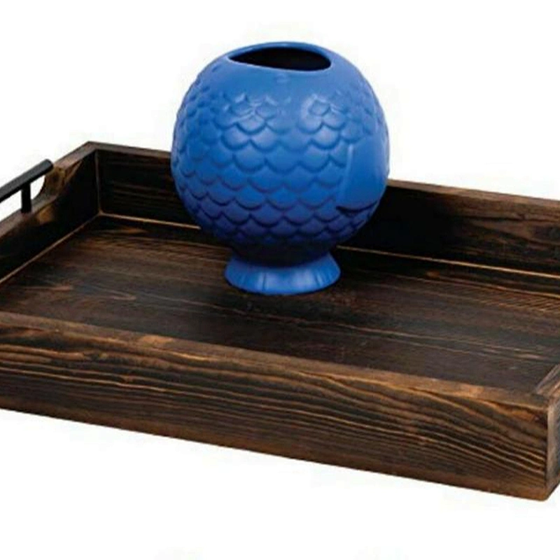 Dark Brown Wood Ottoman Set of 3 Trays with Handles Coffee Table Tray