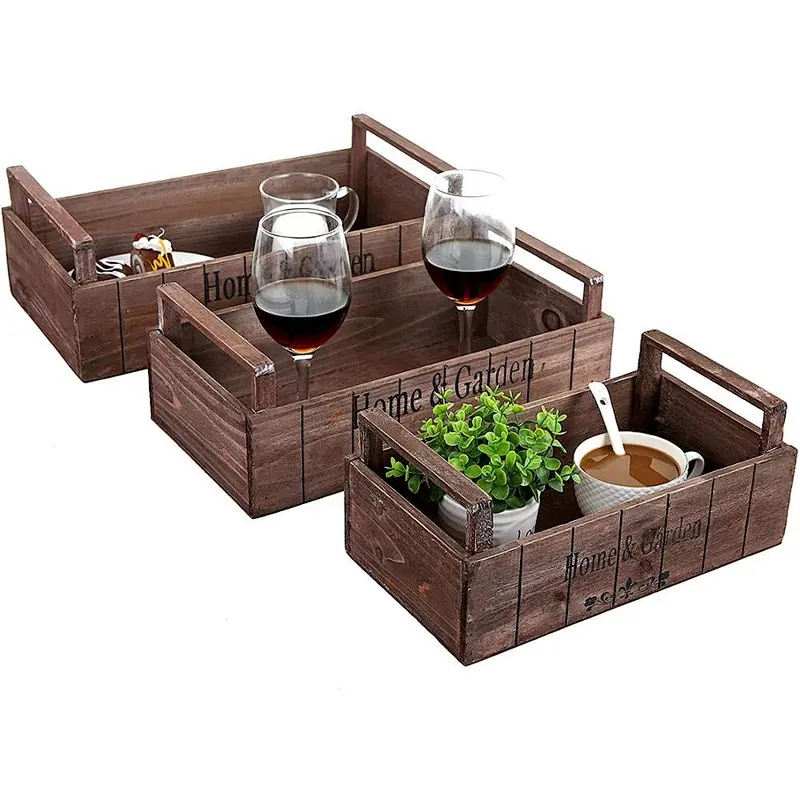 2019 Rustic Style Nesting Wood Planter Display Boxes, Decorative Storage Crates, Set of 3