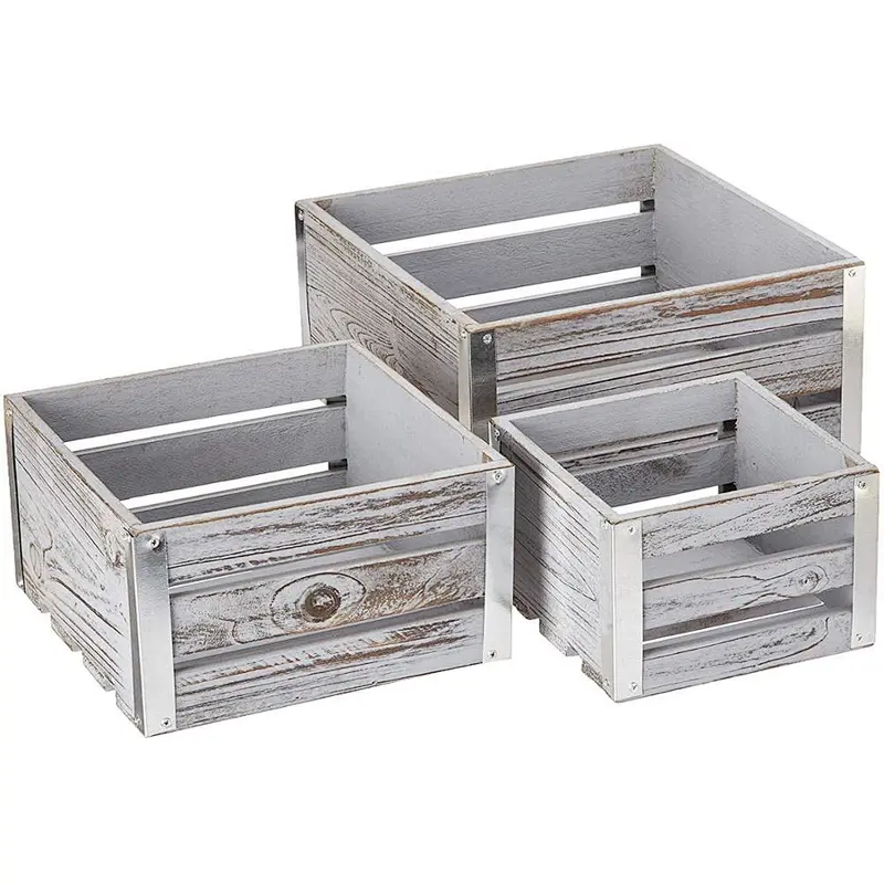 Rustic  Set of 3 white washed wooden square storage containers with corner galvanized accents
