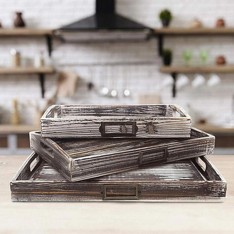 Wood Serving Tray | The cottage is decorated with a breakfast tray set of 3 pieces and rustic wood finishes for old finishes