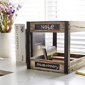 2 Tier Industrial Style Torched Wood Desktop Document Tray, Paper File Holder with Chalkboard Labels
