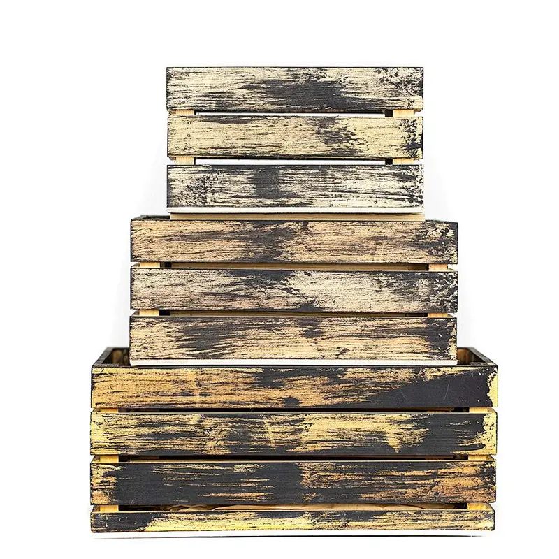 Rustic Decorative Wood Crates (Set of 3) (Black and Natural Distressed)