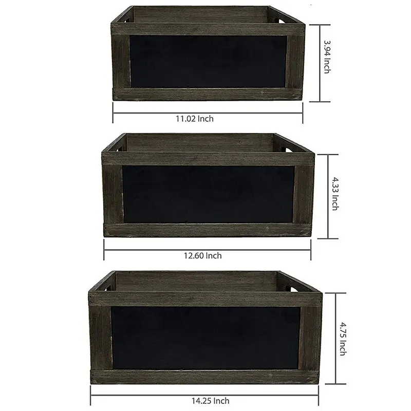 Gift Rustic Brown Wood Nesting Storage Crates with Chalkboard Front Panel and Cutout Handles, Set of 3,wooden boxes