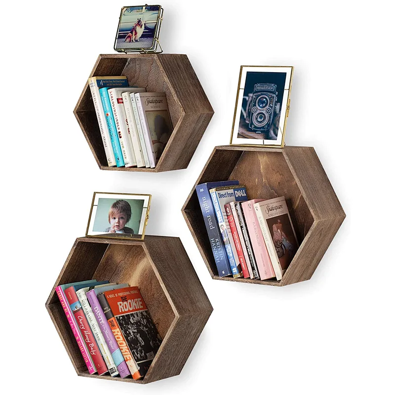 Rustic Wall Mounted Hexagonal Floating Shelves  Set of 3  Large