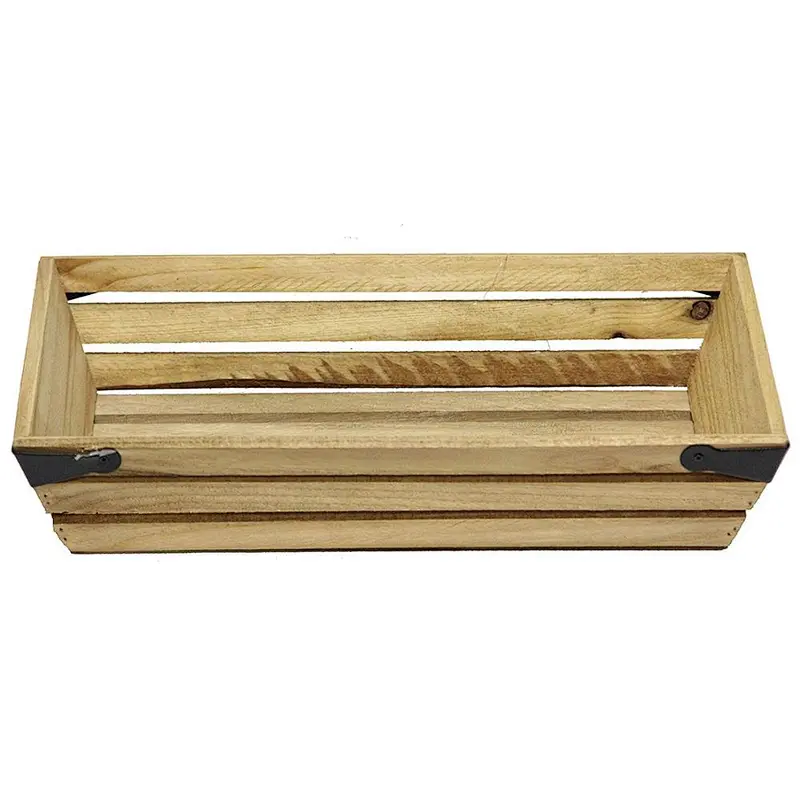Natural Wood Shallow Rectangle Crate with Metal Corner Design