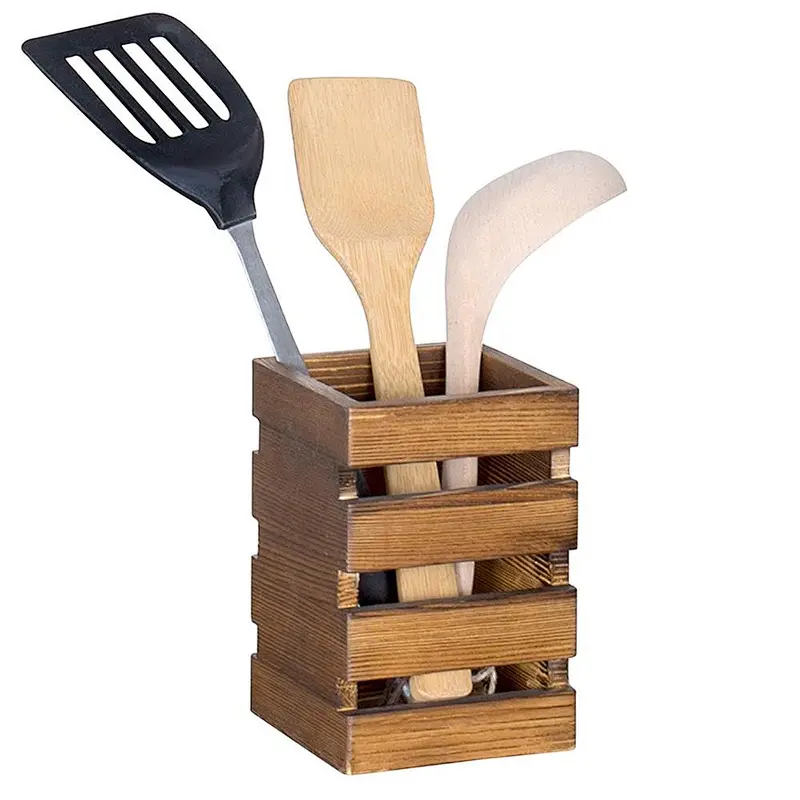 Rustic Burnt Wood Cooking Utensil Holder with Slatted Sides Storage Box
