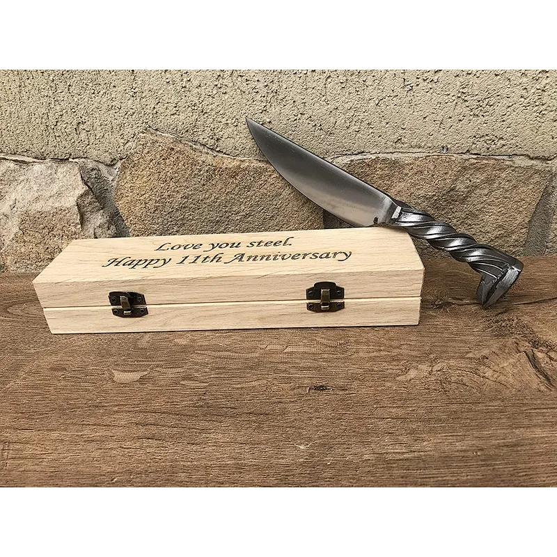 Railroad spike knife in a wooden gift box with engraved box and engraved knife wedding anniversary gift knife gift