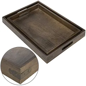 Rustic Brown Wooden Nesting Breakfast Serving Trays with Handles, Set of 2