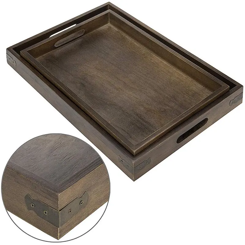 Rustic Brown Wooden Nesting Breakfast Serving Trays with Handles, Set of 2
