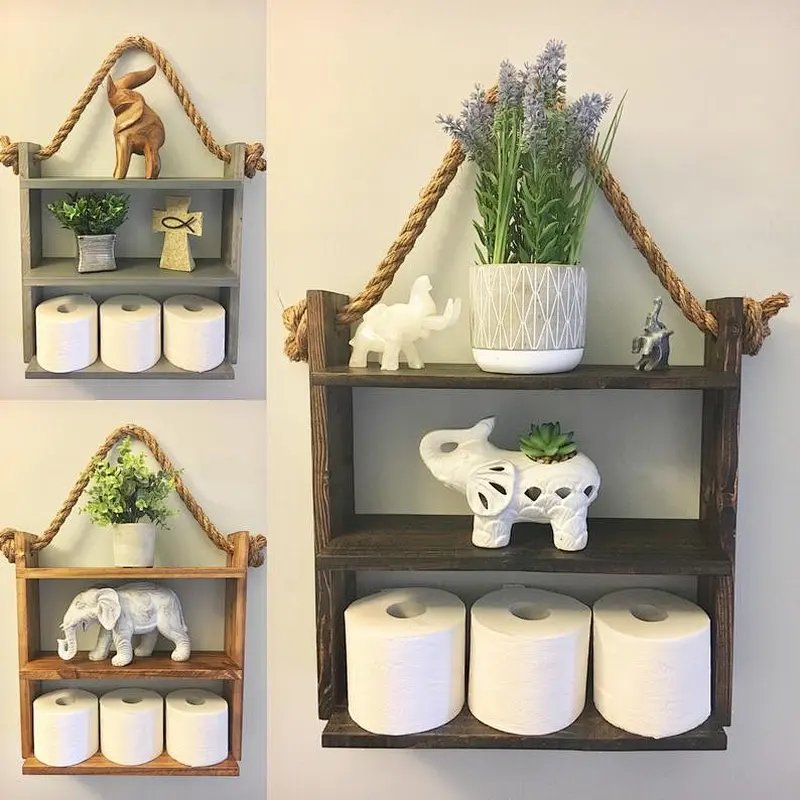 Bathroom Shelf Organizer with Towel Hooks  Modern Farmhouse Brown Country Storage  Apartment Decor