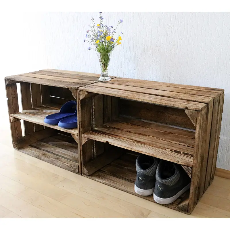 Set of 2 OLD OBSTKISTEN Shoe Rack with Intermediate Board Flamed Wooden Boxes