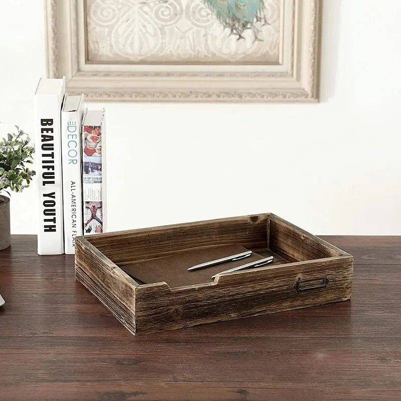 Stableman Rustic Dark Wood Desktop Office Supplies, Document & Paper Tray With Metal Label Holder
