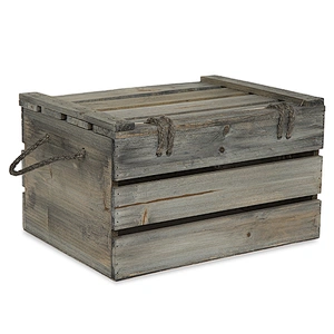 Antique Light Brown Wooden Crate Storage Box with Lid - Medium