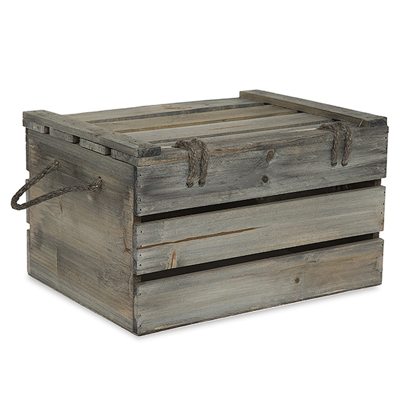 Antique Light Brown Wooden Crate Storage Box with Lid - Medium