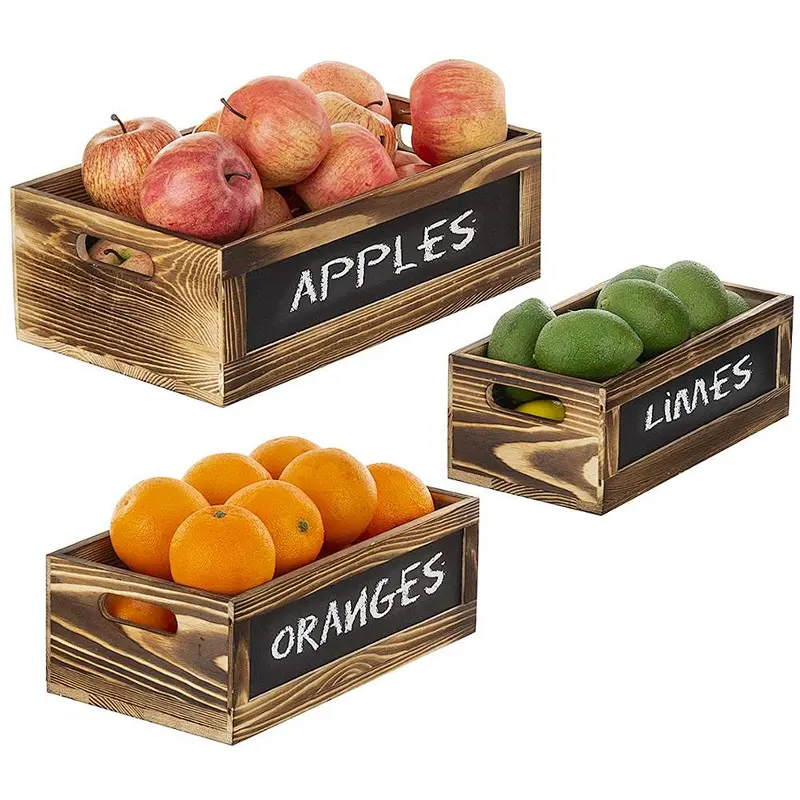 Rustic Burnt Wood Nesting Storage Crates with Chalkboard Front Panels, Set of 3