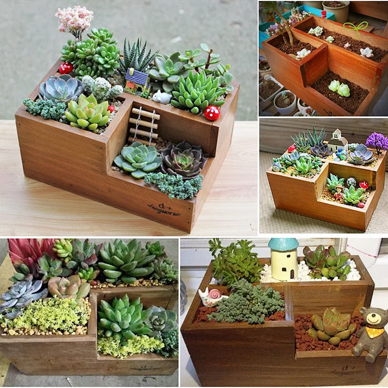 Wooden Succulent Flower Planter Box Desk Organizer Pencil Holder