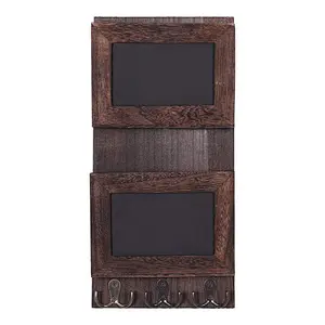 Rustic 2-Slot Mail Sorter Organizer for Wall with Chalkboard Surface & 3 Double Key Hooks - Wooden Wall Mount Mail Holder