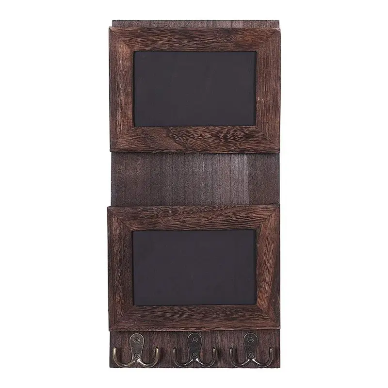 Rustic 2-Slot Mail Sorter Organizer for Wall with Chalkboard Surface & 3 Double Key Hooks - Wooden Wall Mount Mail Holder