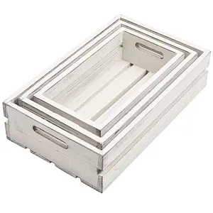 Vintage Whitewash Wood Nesting Storage Crates with Handles, Set of 3