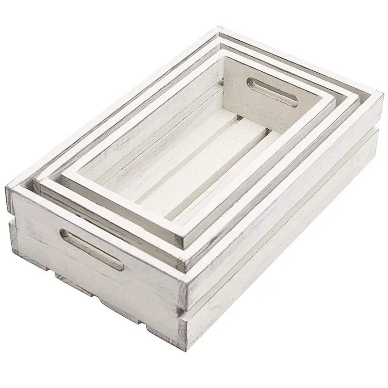 Vintage Whitewash Wood Nesting Storage Crates with Handles, Set of 3