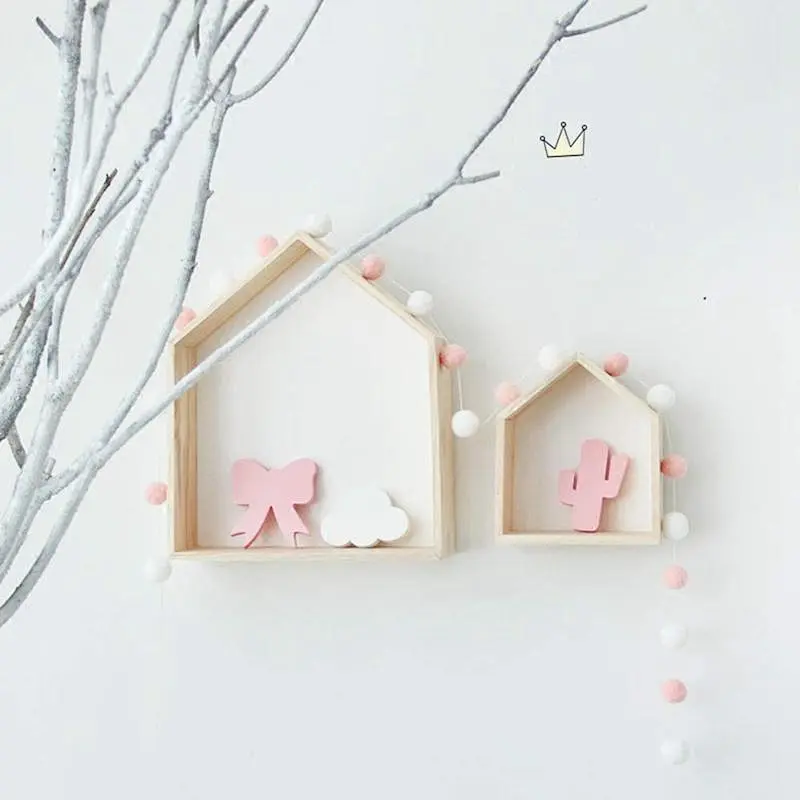 1 2Pcs Lovely Wooden House-Shaped Wall Storage Shelf Kid'S Room Decoration