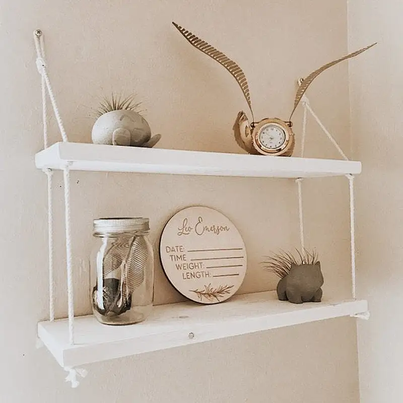 Nursery shelf  nursery decor floating shelf  hanging shelves   wood home decor  modern decor rope shelf