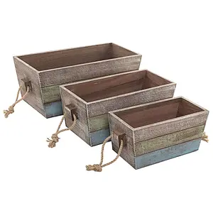 Nesting Wood Storage Crates, Stripe Design Wood Boxes with Rope Handles, Set of 3, Brown