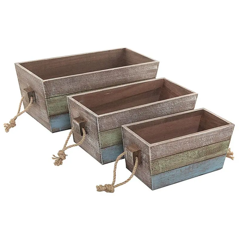 Nesting Wood Storage Crates, Stripe Design Wood Boxes with Rope Handles, Set of 3, Brown