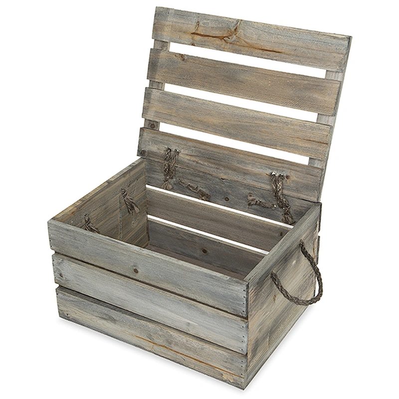 Antique Light Brown Wooden Crate Storage Box with Lid - Medium