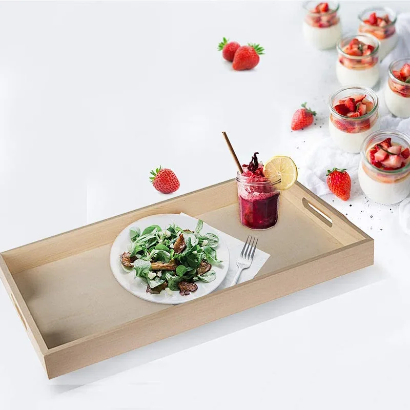 Wooden Nested Serving Trays - Five Piece Set of Rectangular Shape Wood Trays for Crafts with Cut Out Handles