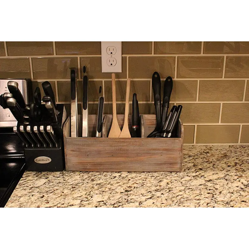 Vintage Rustic junji Torched Wood Kitchen Utensil Holder 3 Compartment Organizer Caddy Box For Cooking