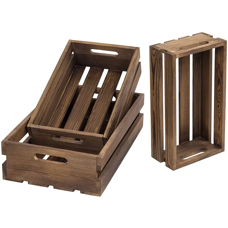 MyGift Rustic Brown Wood Decorative Nesting Storage Crates with Handles, Set of 3