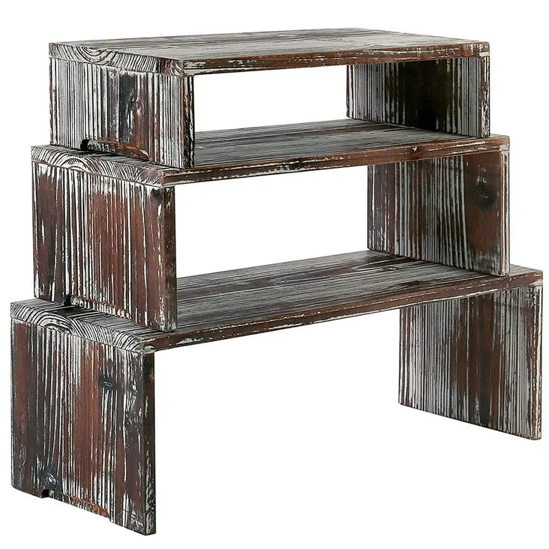 Set of 3 Torched Wood Retail Display Risers-Tray-Multipurpose-Country Rustic Wood Crate Design Tabletop Organizer Display Rack