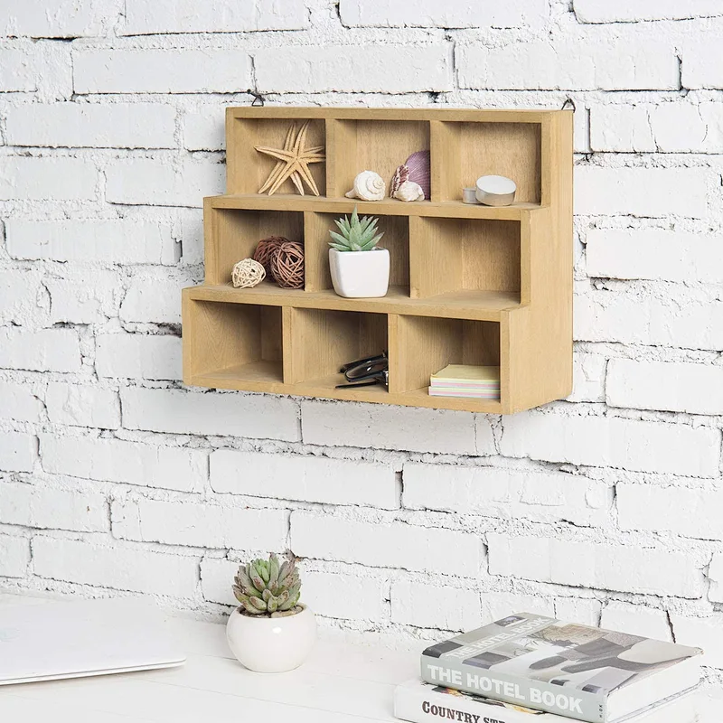 MyGift Small Rustic Wood Display Rack 3 Tier Wall-Mount Shadow Box Shelves Brown