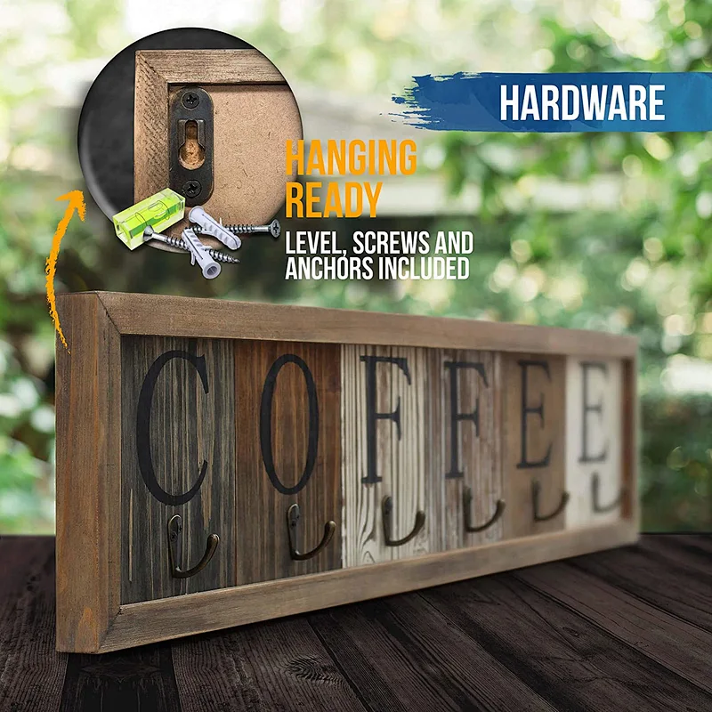 Creations Rustic Coffee Mug Rack Wall Mounted, Printed Coffee Sign - 6 Coffee Cup Hooks