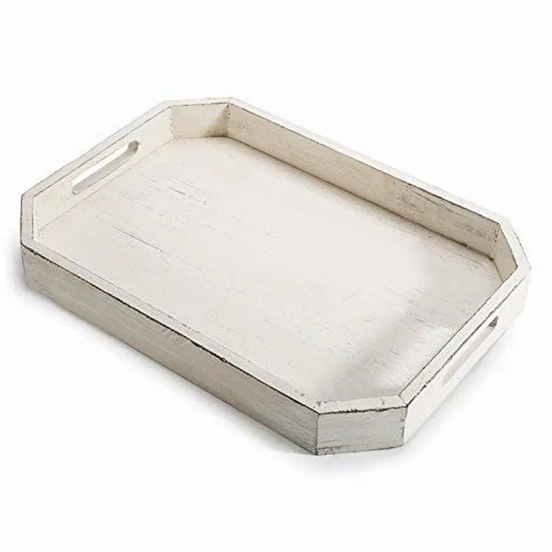 Rustic Whitewashed Wood Serving Tray with Cut out Handles