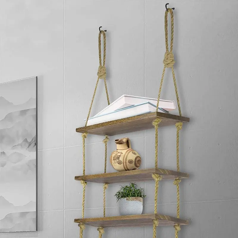 Wall-mounted Shelf Shelf Normei rustic home decoration personalized customized	 shelf racks WoodShelf with Thick Hanging Rope