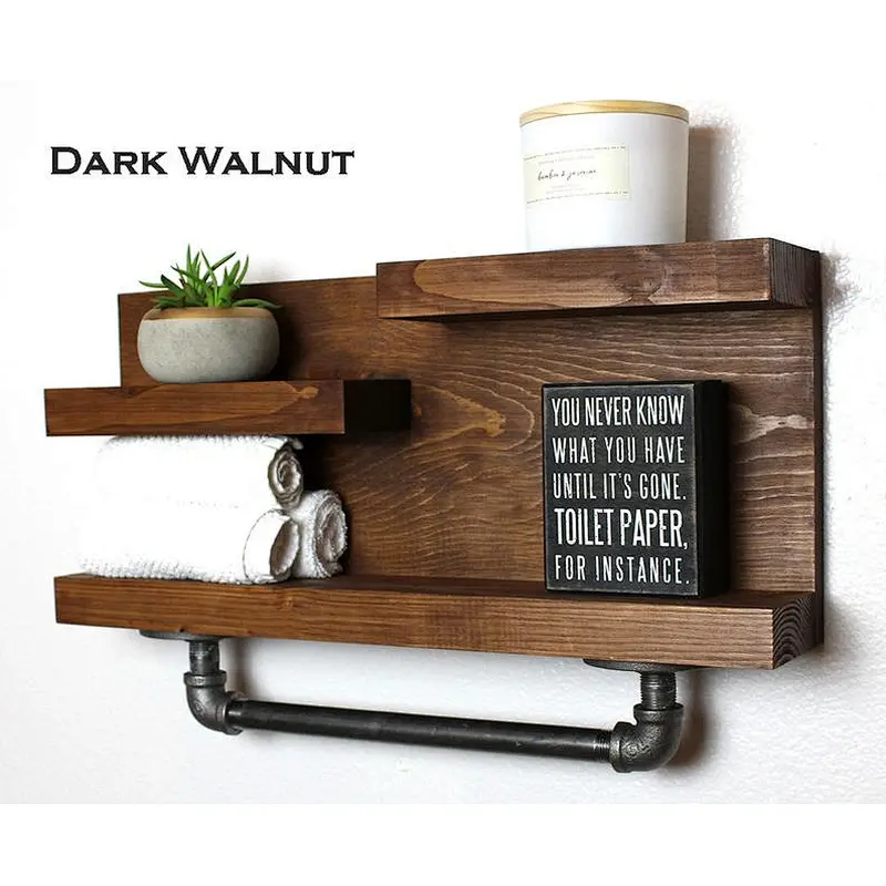 Bathroom Shelf with Industrial Farmhouse Towel Bar, Bathroom Wall Decor Espresso, Country Rustic Storage