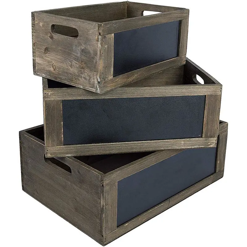 Gift Rustic Brown Wood Nesting Storage Crates with Chalkboard Front Panel and Cutout Handles wooden boxes