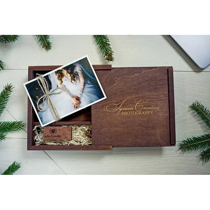 5 Wooden photo box for 4x6 prints | Maple engraved box for photos and usb packaging