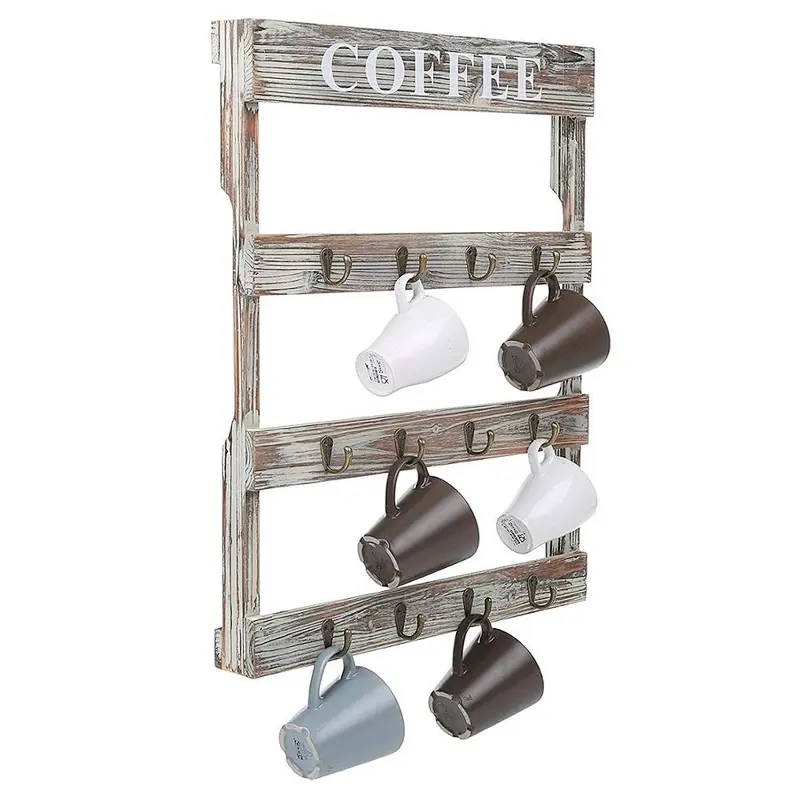 rustic personalized customized wholesale cheaper home decoration unfinished  Wall-mounted mug hook rack ,with 12 hooks,rustic