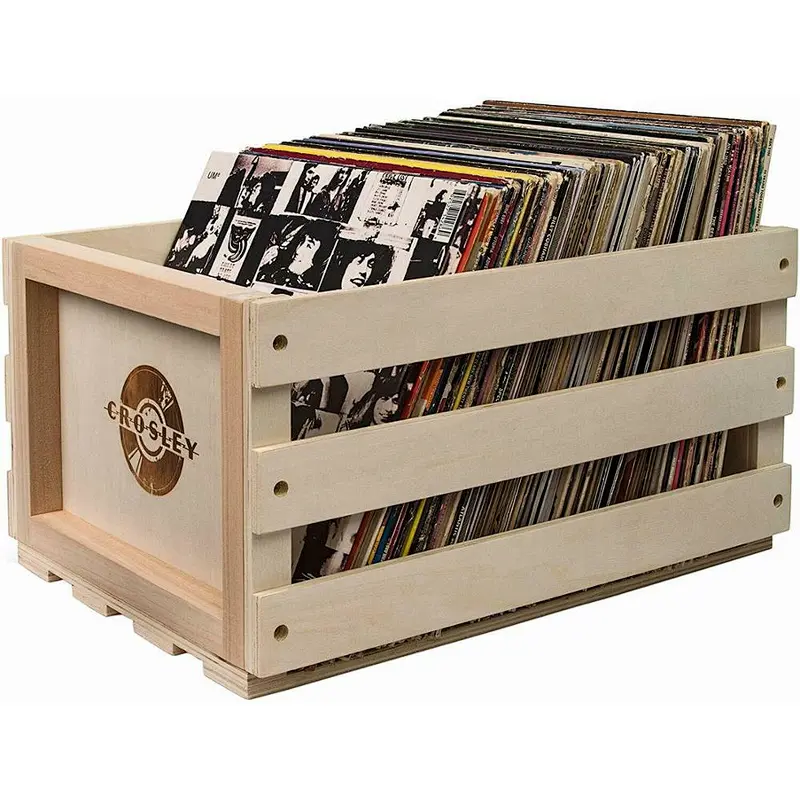 Record Storage Crate Album Holder Natural Wood Organizer Box With Carry Handle