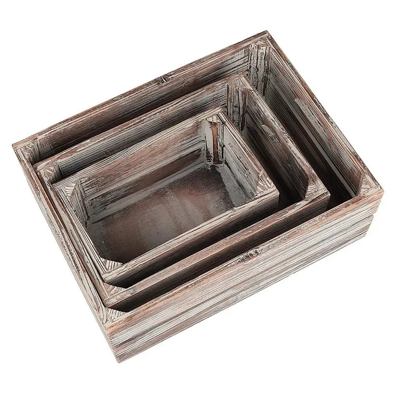 2020 Set of 3 Nesting Ash Brown Wood Accent Crates Box For Storage