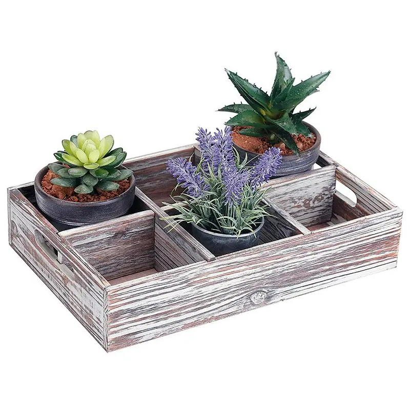 6 Compartment Convertible Wood Serving Tray Shadow Box with Handles and Removable Divider