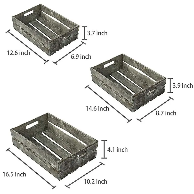 Farmhouse Style Barnwood Gray Wood Nesting Crates Set of 3Rustic Open Top Storage Pallet Boxes