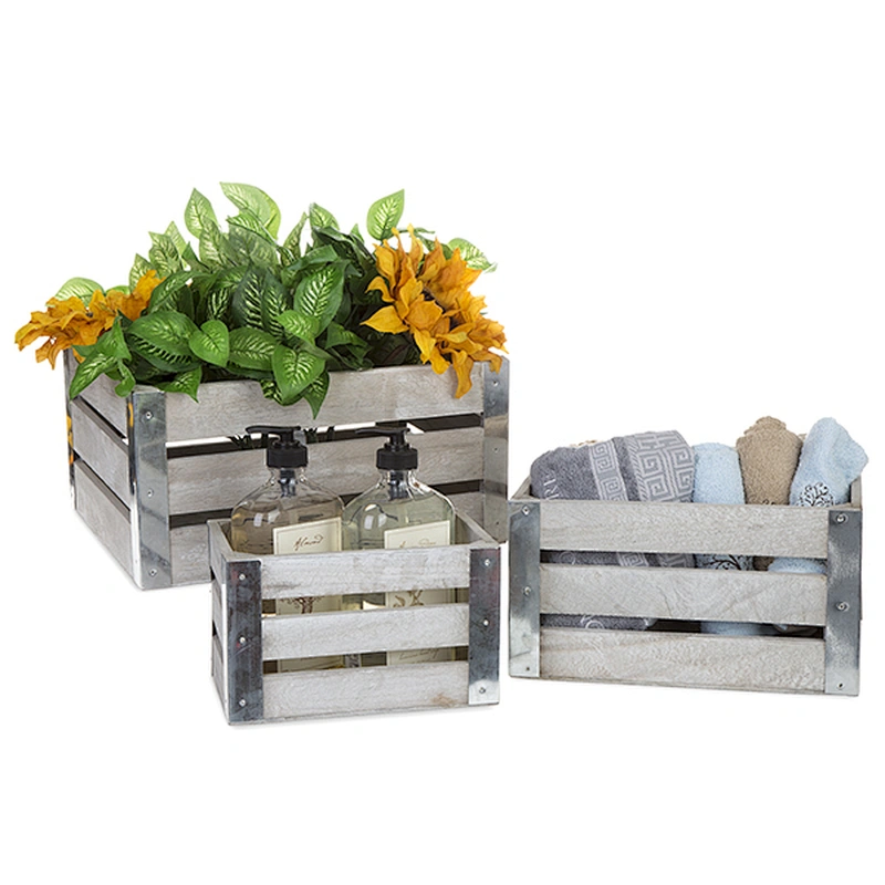 Rect Wooden Fruit  Crate with Metal Corner Set of Three - Antique Grey